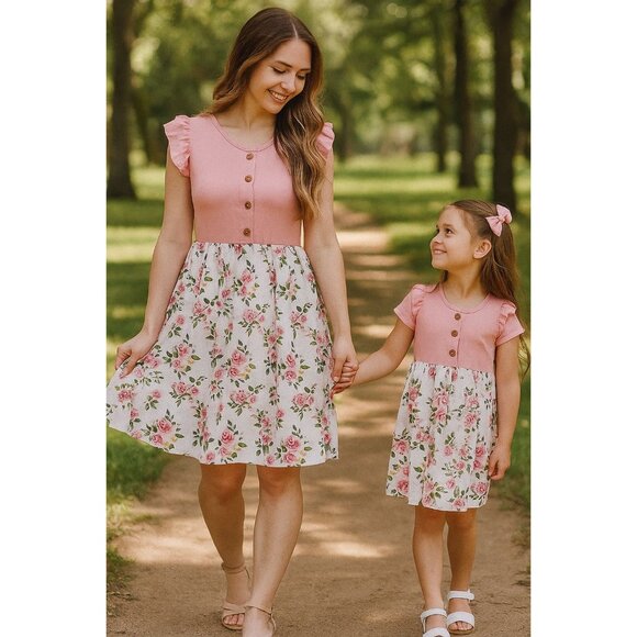 PatPat Adult Small Dress Pink Mosaic Flutter Sleeve Rose PInk Floral Mommy & Me - Picture 5 of 13